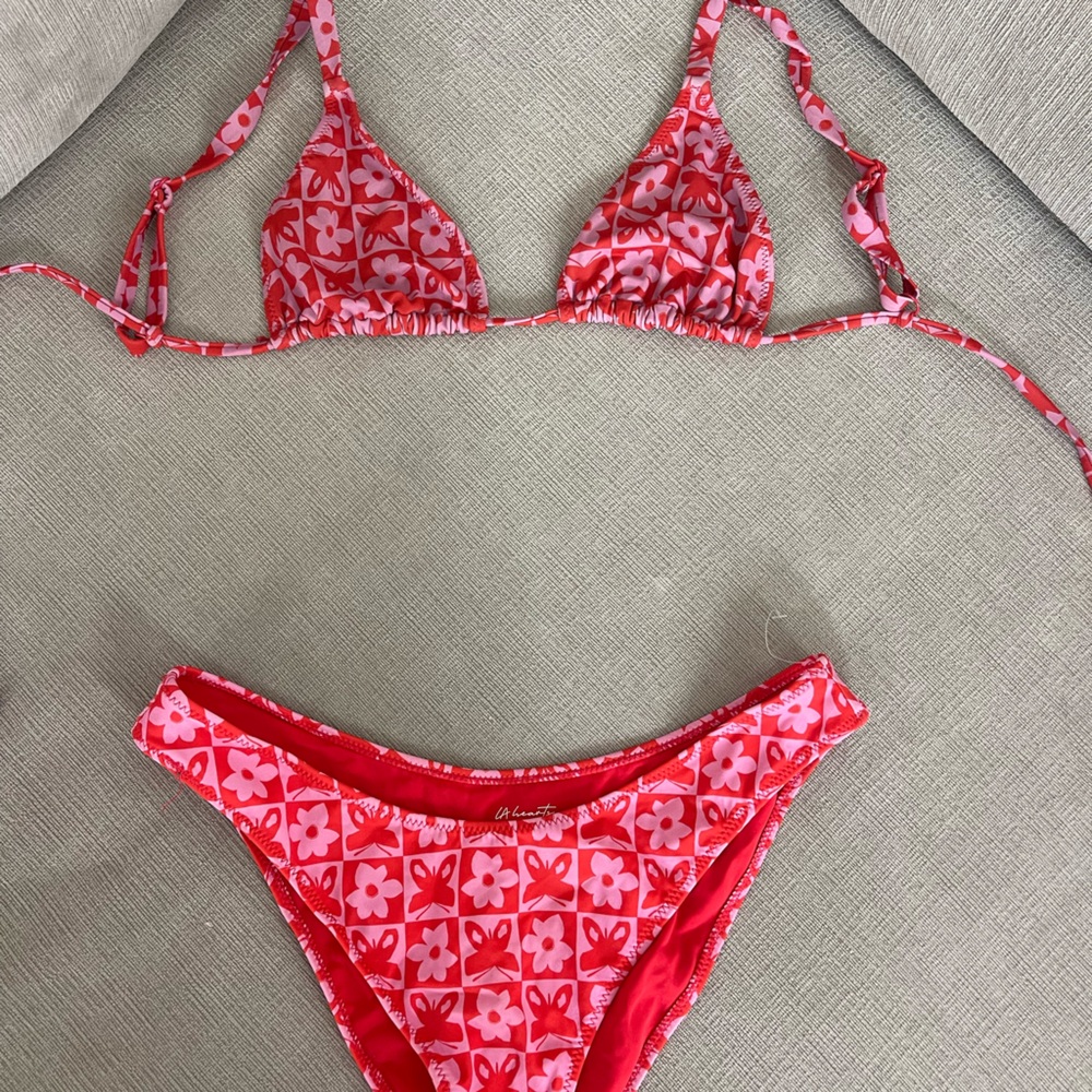 Pacsun Pink & Red Floral Tile String Bikini Set